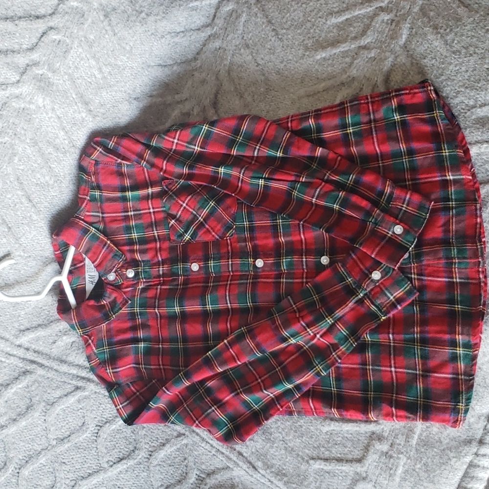 H&M red and green plaid cotton boy's button down shirt size 7 NEW